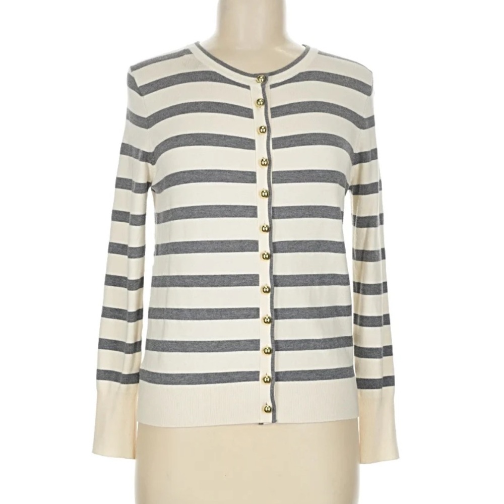 NEW Zara Cream Grey Striped Cardigan Gold Buttons Knit – Size M